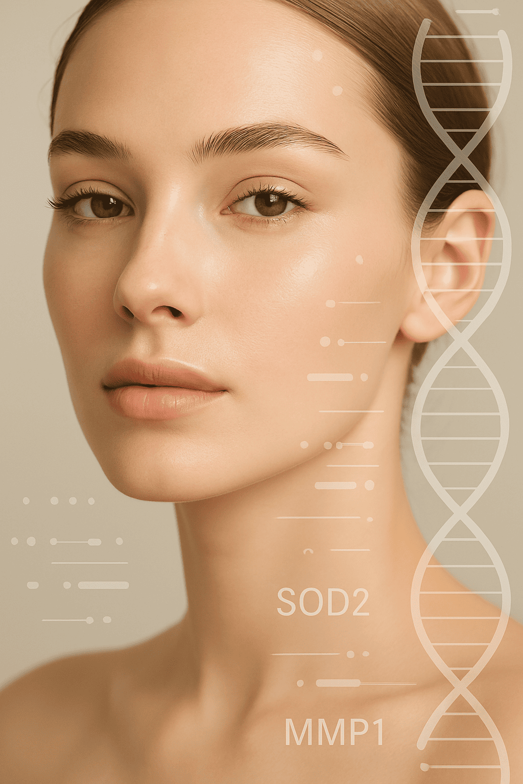 Close-up portrait of a woman with flawless skin and transparent DNA elements overlaid, including gene markers like SOD2 and MMP1