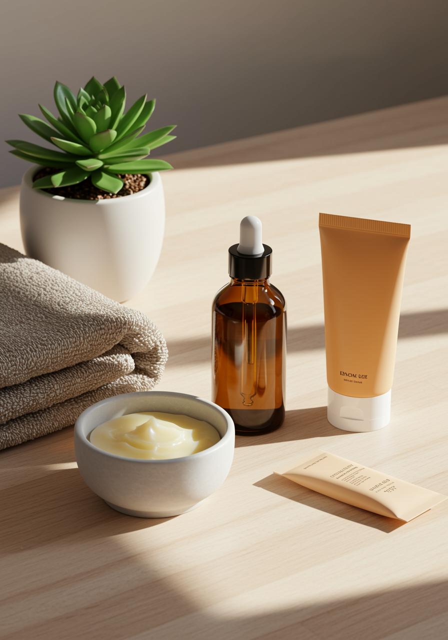 A collection of skincare products, including a serum dropper bottle, a bowl of cream, and tubes, arranged neatly on a wooden table in soft, natural light next to a towel and a small plant