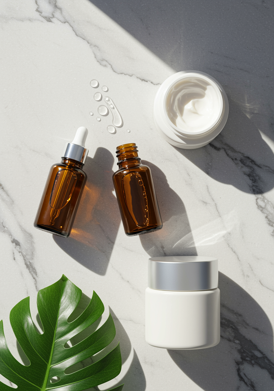 An aesthetic flat lay of at-home skincare products, including amber glass serum bottles and cream jars, on a marble surface to represent a daily routine for improving skin health and radiance
