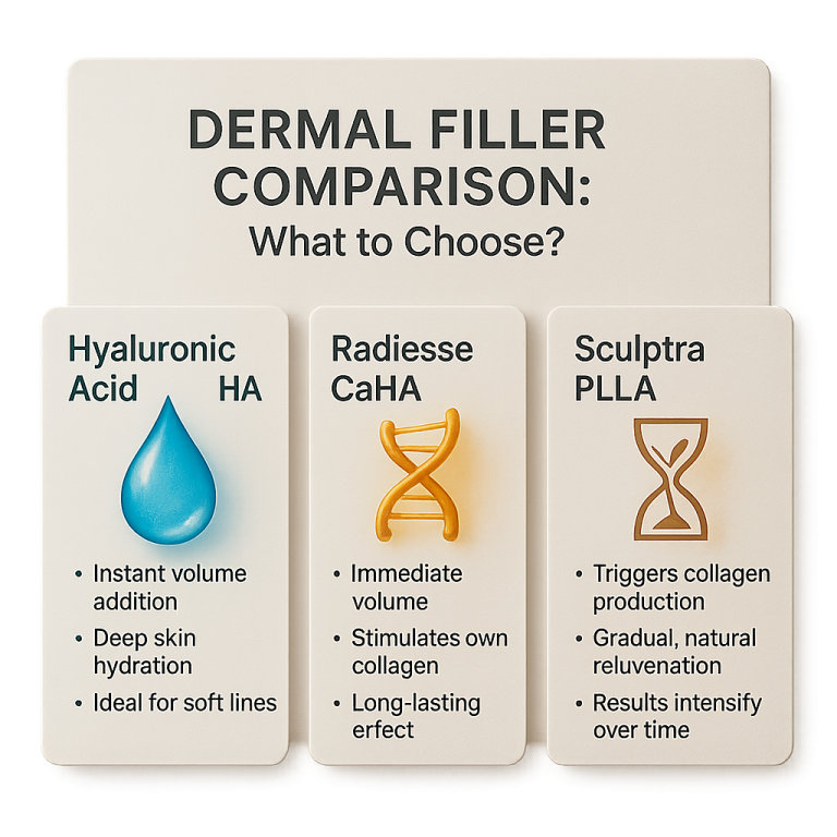 Infographic comparing dermal filler types (Hyaluronic Acid, Radiesse, Sculptra) for Ozempic Face correction. Explains HA, CaHA, PLLA fillers' actions, benefits, and results