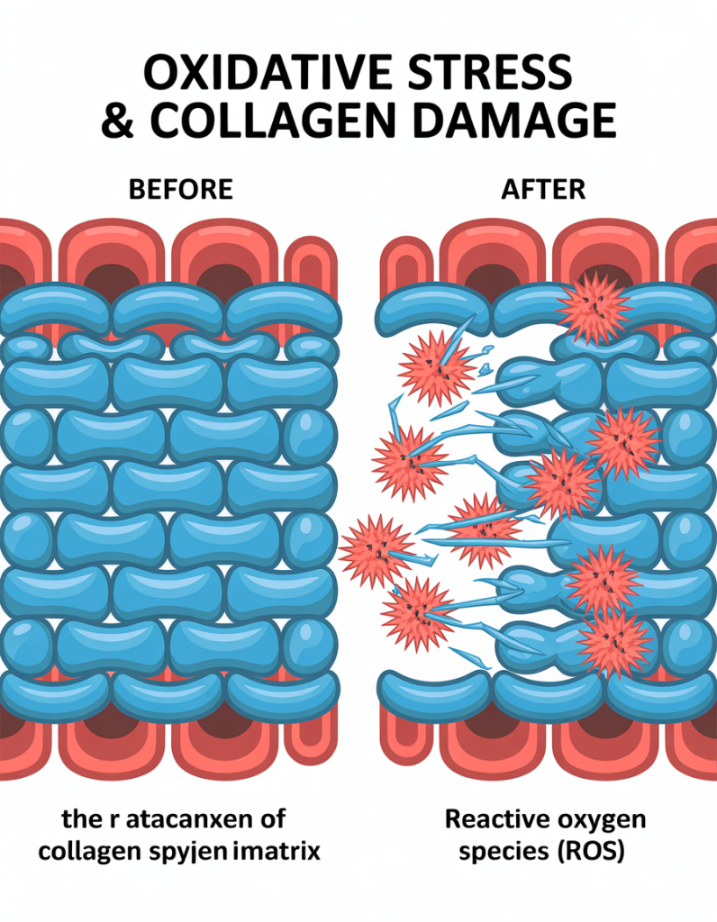 An infographic explaining how oxidative stress causes collagen damage. It shows a 'before' panel with a healthy collagen matrix and an 'after' panel where Reactive Oxygen Species (ROS) break down collagen fibers