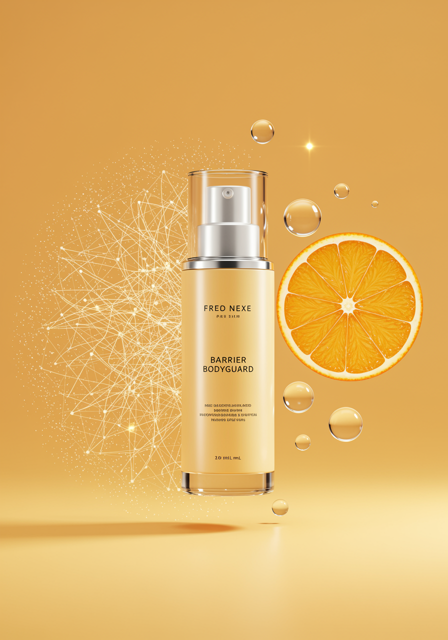 A cosmetic bottle labeled "Barrier Bodyguard" with a mesh pattern on one side and an orange slice on the other, symbolizing Niacinamide and Vitamin C