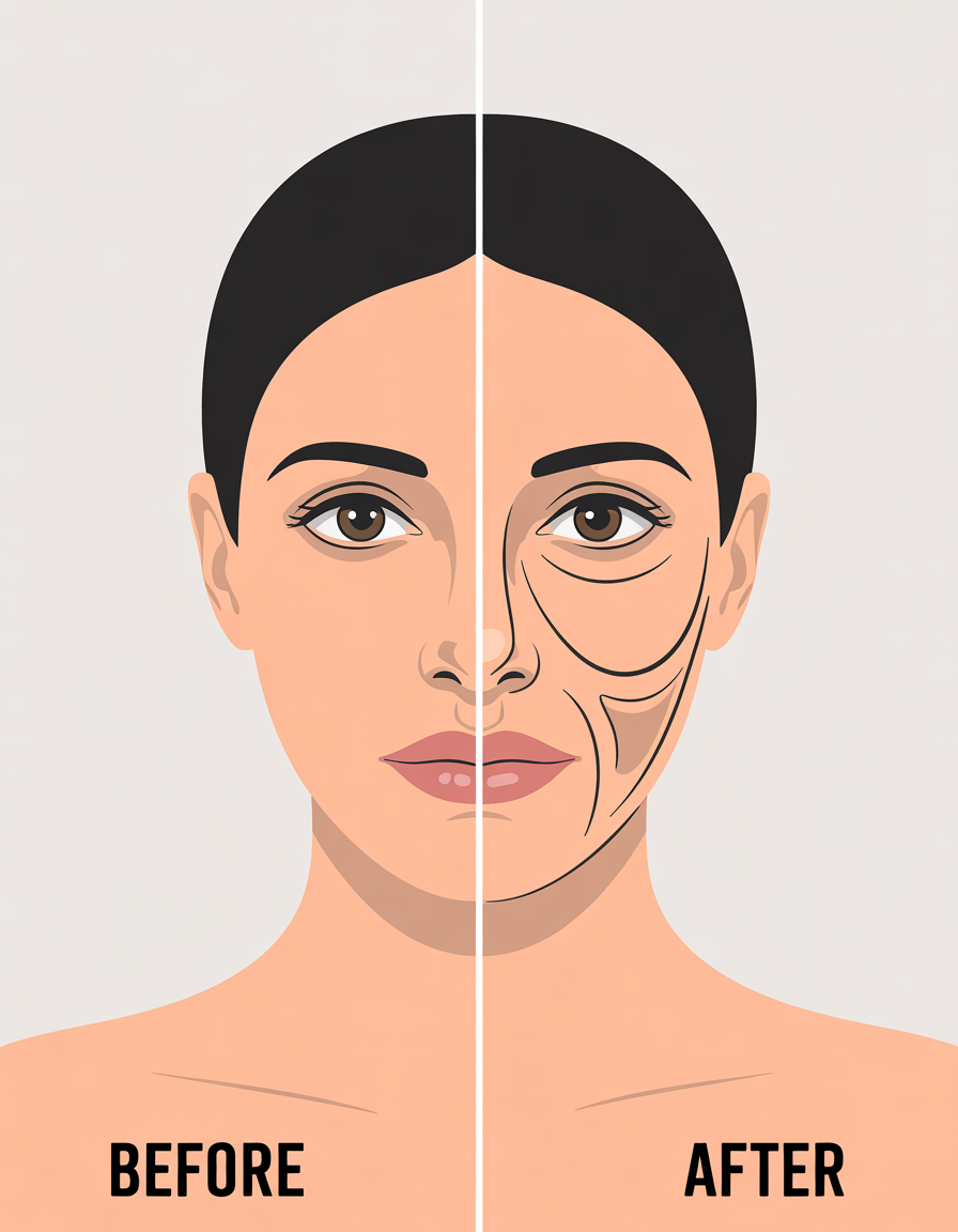 An illustration comparing a woman's face before and after rapid weight loss. The "before" side is smooth and full, while the "after" side shows lines indicating facial volume loss and skin sagging