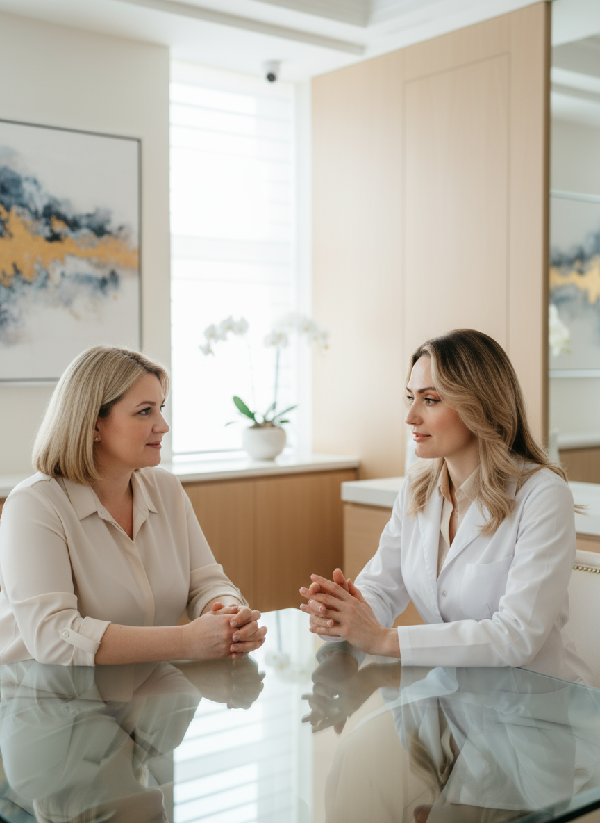 A female aesthetic doctor in a white lab coat consults with a middle-aged female patient about facial rejuvenation in a bright, modern clinic office
