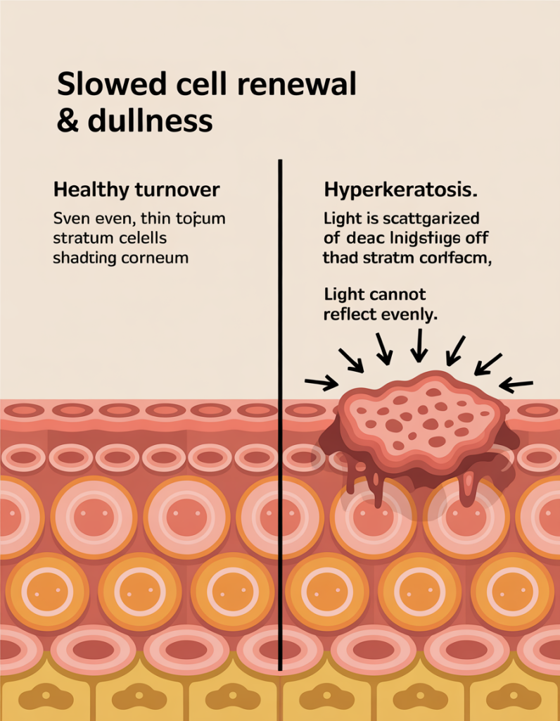 A medical infographic illustrating how slowed cell renewal leads to dull skin. It compares a healthy, smooth skin surface with hyperkeratosis, where a buildup of dead cells prevents light from reflecting evenly