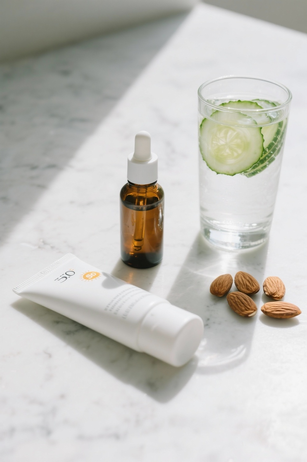 On a marble table, facial serum, sunscreen, a glass of cucumber water, and almonds are laid out, symbolizing healthy skincare
