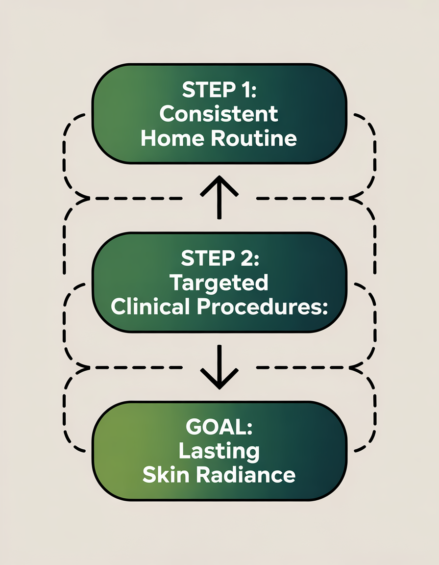 A flowchart infographic showing the synergistic path to lasting skin radiance. It begins with 'Step 1: Consistent Home Routine,' progresses to 'Step 2: Targeted Clinical Procedures,' and ends with the 'Goal: Lasting Skin Radiance'.