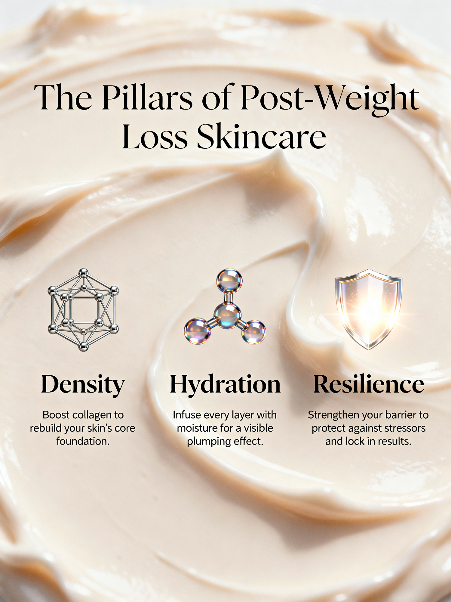 An infographic explaining the three pillars of post-weight loss skincare: Density for collagen, Hydration for plumping, and Resilience for barrier strength.