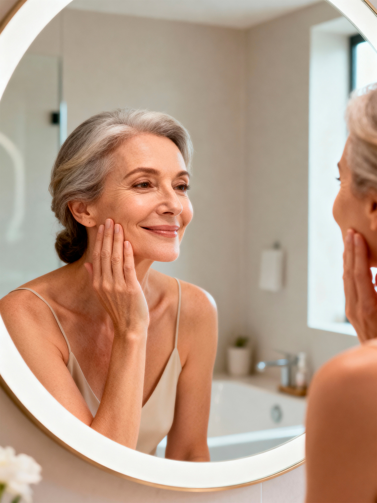 A graceful mature woman with glowing skin smiling at her reflection in a lighted mirror, looking pleased with her appearance