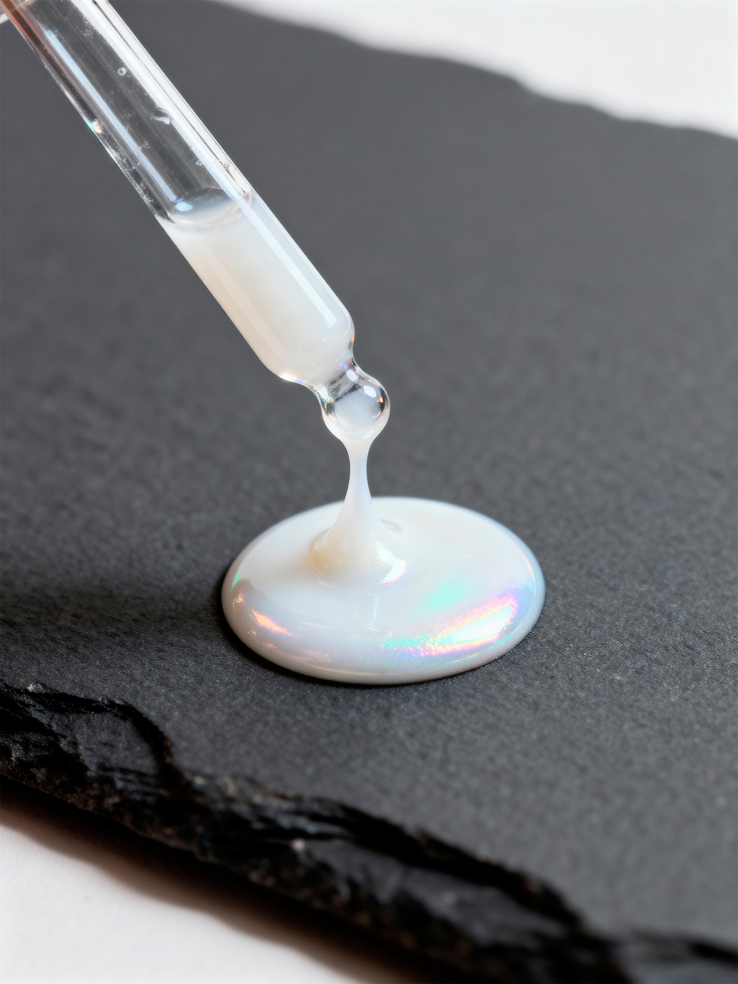 Macro photograph of a milky, iridescent peptide serum being dispensed from a glass dropper onto a dark slate surface