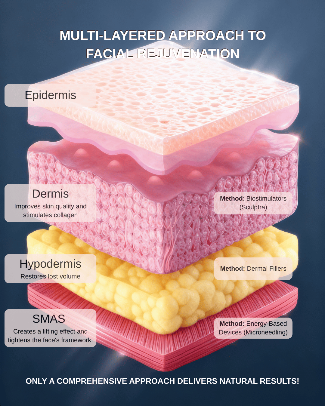 Infographic illustrating skin layers (Epidermis, Dermis, Hypodermis, SMAS) and explaining a multi-layered approach to rejuvenation with various cosmetic treatments