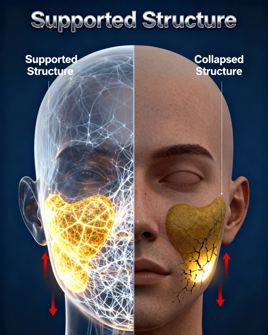 A 3D infographic showing the anatomical changes of the face. The left side shows a "Supported Structure" with full, glowing fat pads and a dense collagen network. The right side shows a "Collapsed Structure" with depleted fat pads and a weakened network