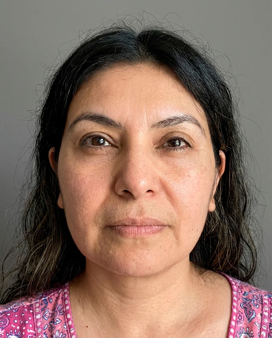 Front-view before photo of a 43-year-old Hispanic woman prior to non-surgical jawline contouring with thread lifting