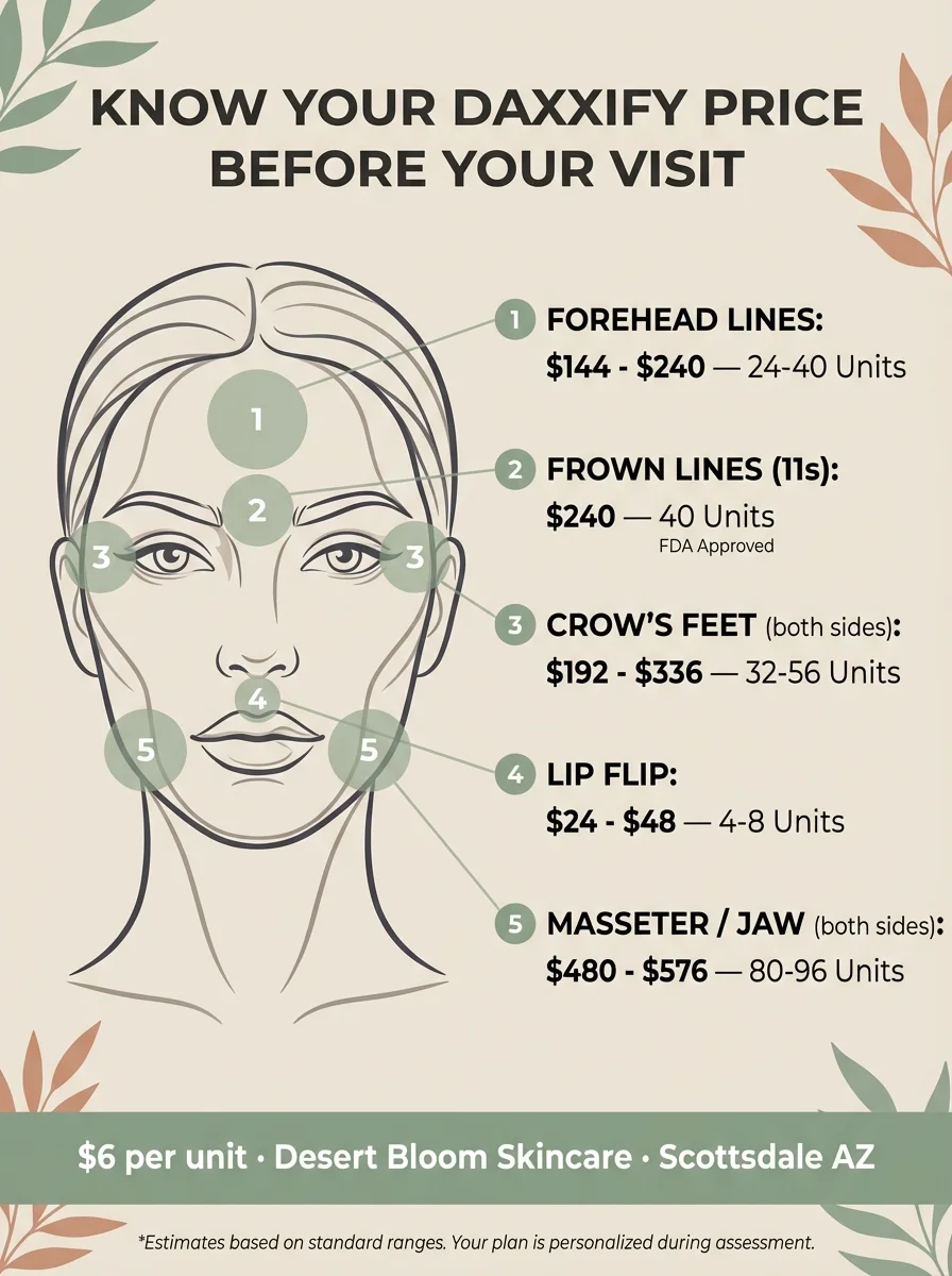 Daxxify pricing calculator CTA infographic at Desert Bloom Skincare Scottsdale