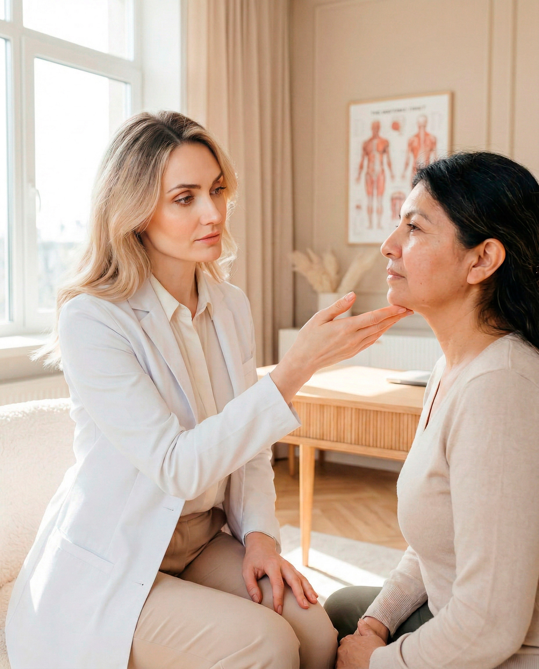 Aesthetic medicine consultation showing a blonde doctor assessing the jawline and under-chin area of a 43-year-old Hispanic woman