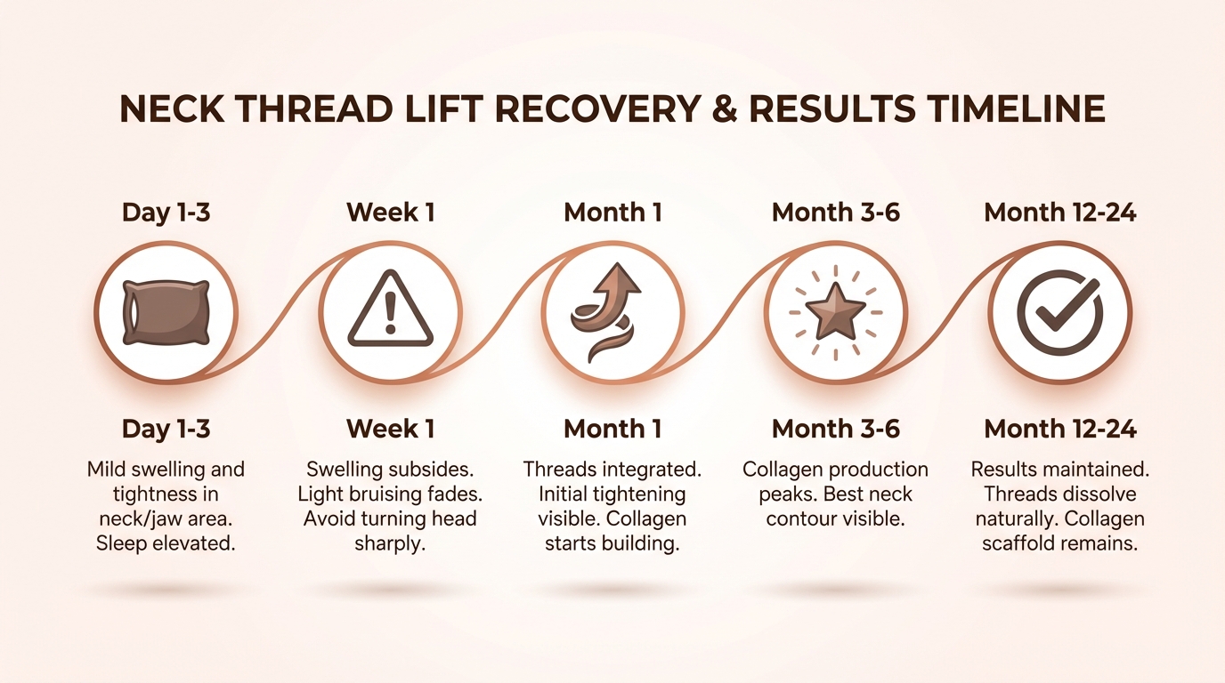 Neck thread lift results timeline infographic