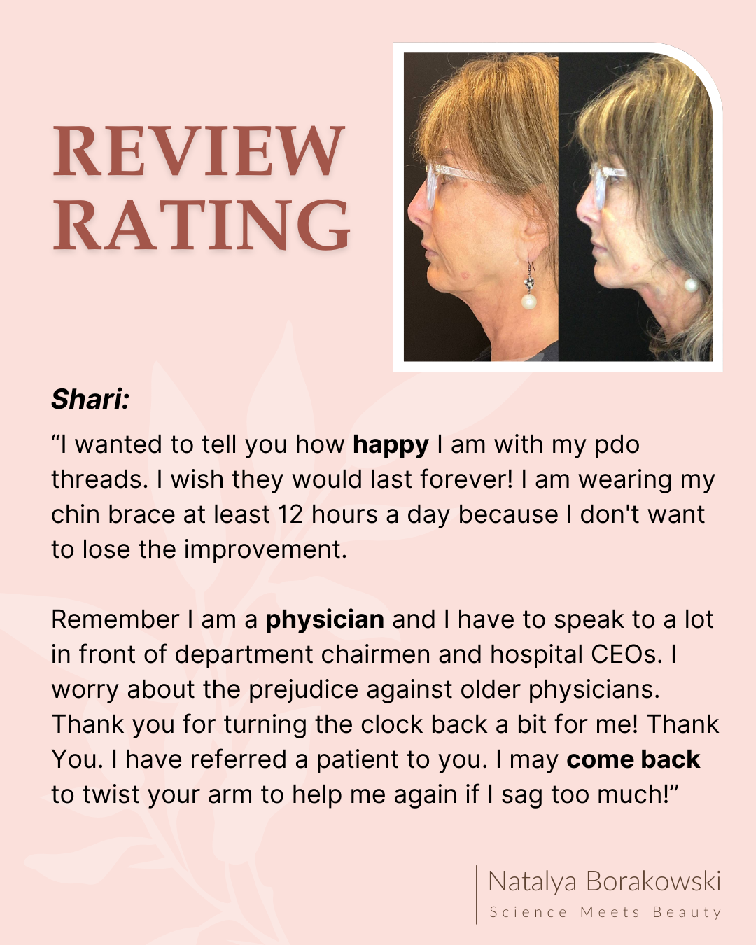Testimonial from a 69-year-old female physician regarding her non-surgical neck lift and jawline restoration.