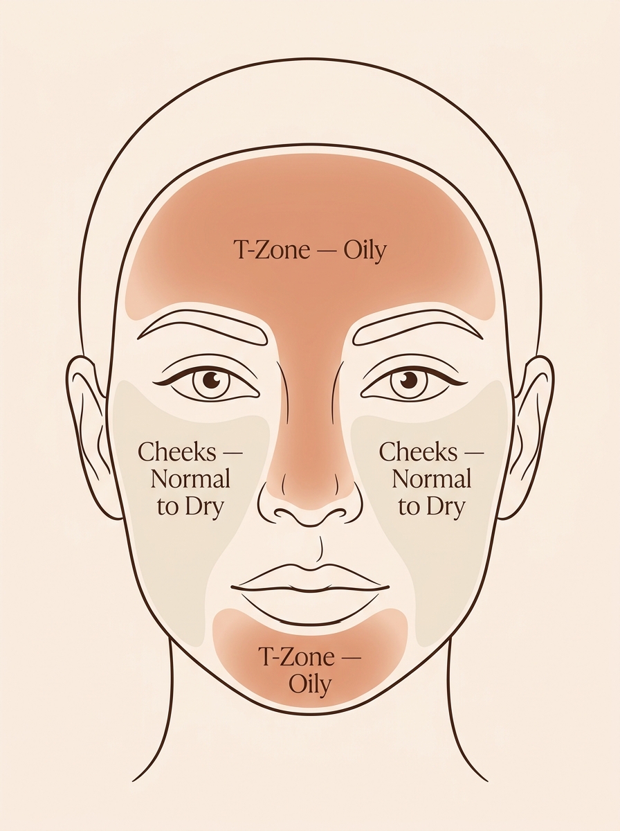 Combination skin T-zone diagram — oily forehead, nose, chin versus normal-to-dry cheeks