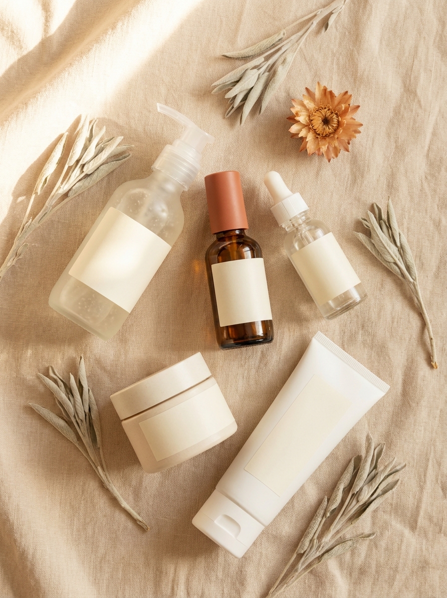 Combination skin morning routine flat lay — cleanser, serum, moisturizer, SPF