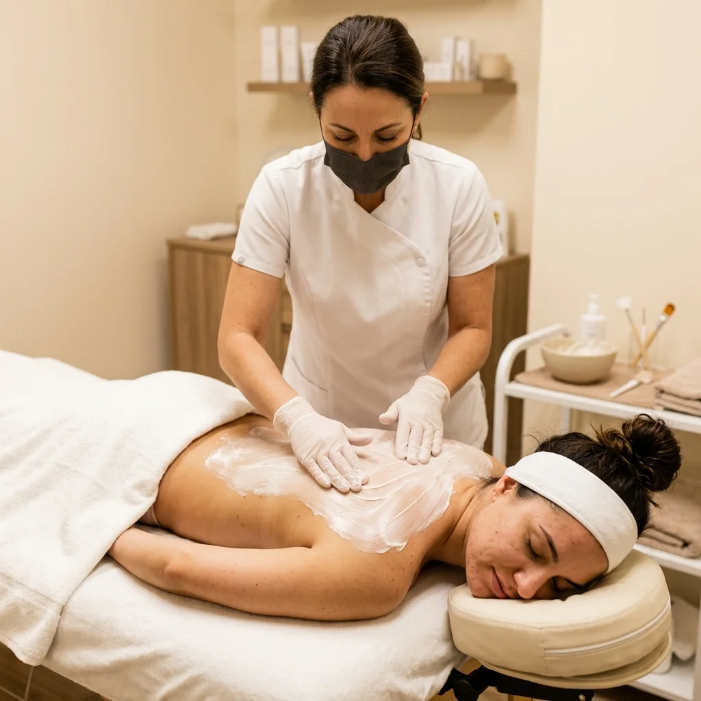 Back facial treatment in Scottsdale — aesthetician applying cleansing mask