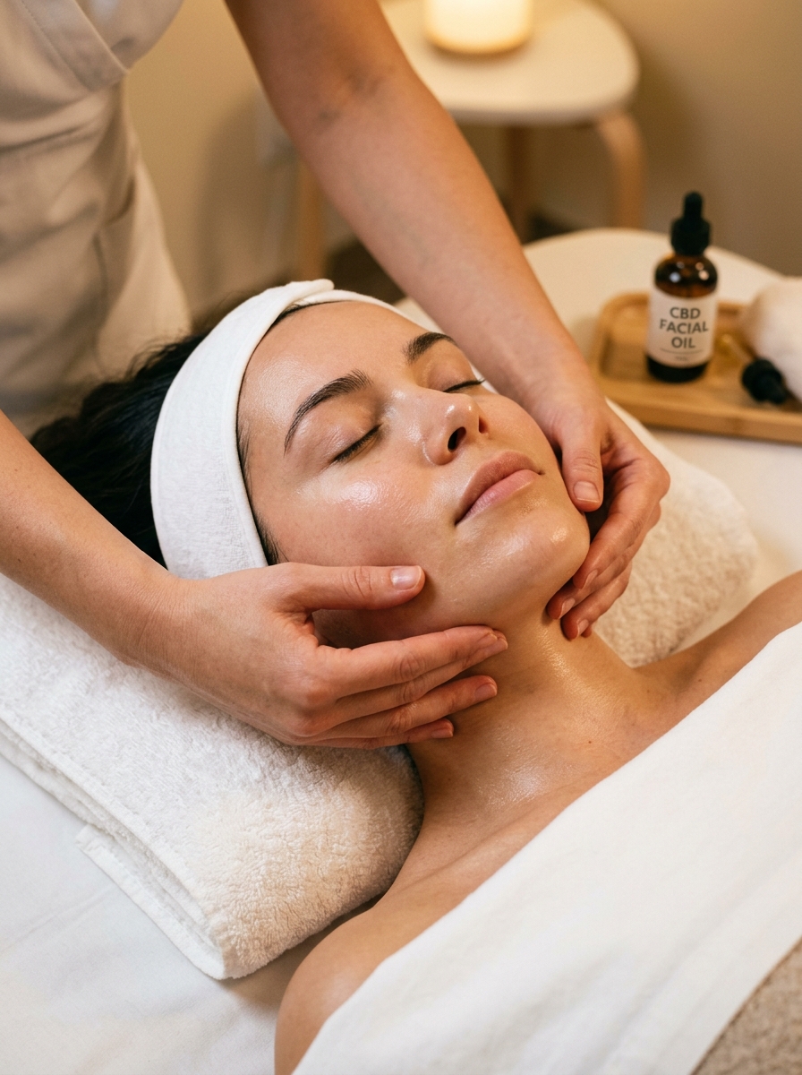 CBD pressure-point facial massage — lymphatic drainage technique during organic facial