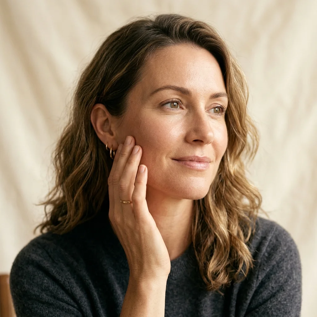 Cheek filler consultation — woman touching cheekbone showing midface volume