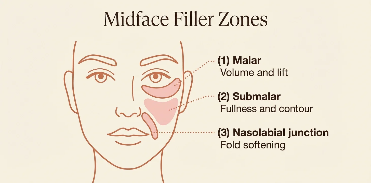 Midface filler zones — malar submalar and nasolabial junction injection areas