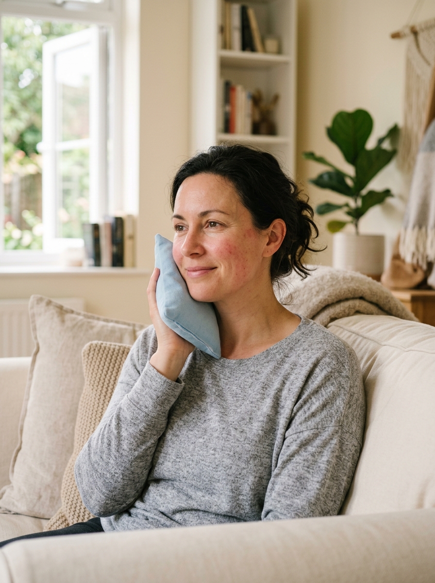 Woman resting after cheek filler treatment — recovery day one