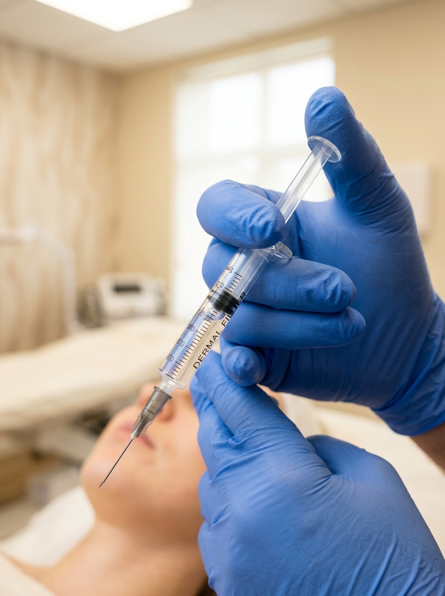 Dermal filler syringe prepared for cheek augmentation procedure