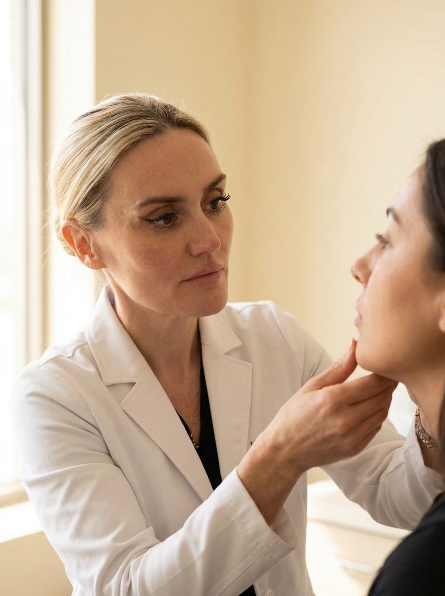 Dr. Natalya Borakowski NMD assessing patient chin profile at Desert Bloom Skincare Scottsdale