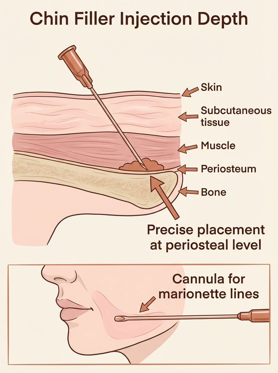 Chin filler injection depth — cross-section showing needle placement at periosteal level