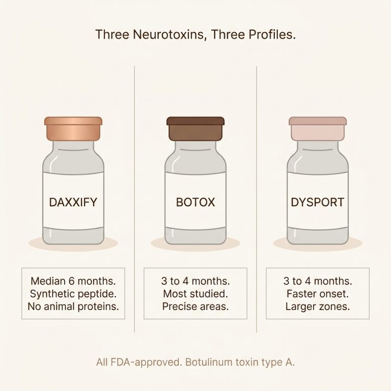 Three neurotoxin formulations compared — Daxxify, Botox, and Dysport vials with key profile differences