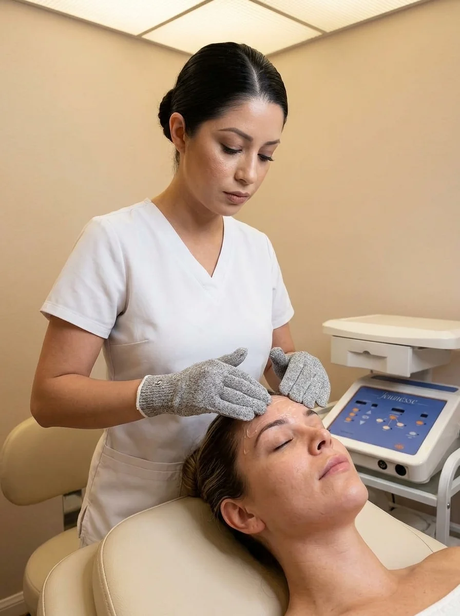 Debbie Valenzuela performing microcurrent facelift with conductive gloves at Desert Bloom
