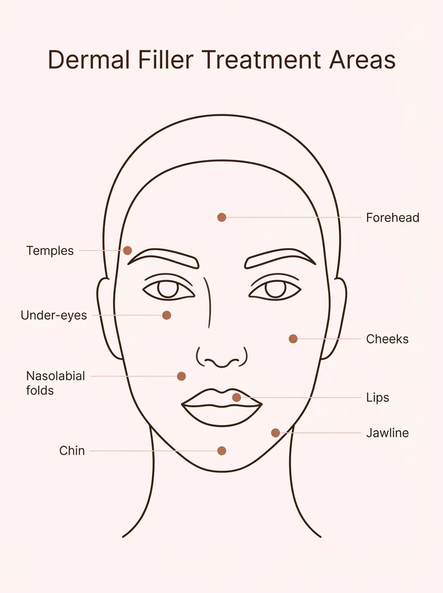 Dermal filler treatment areas — face map showing injection zones for fillers