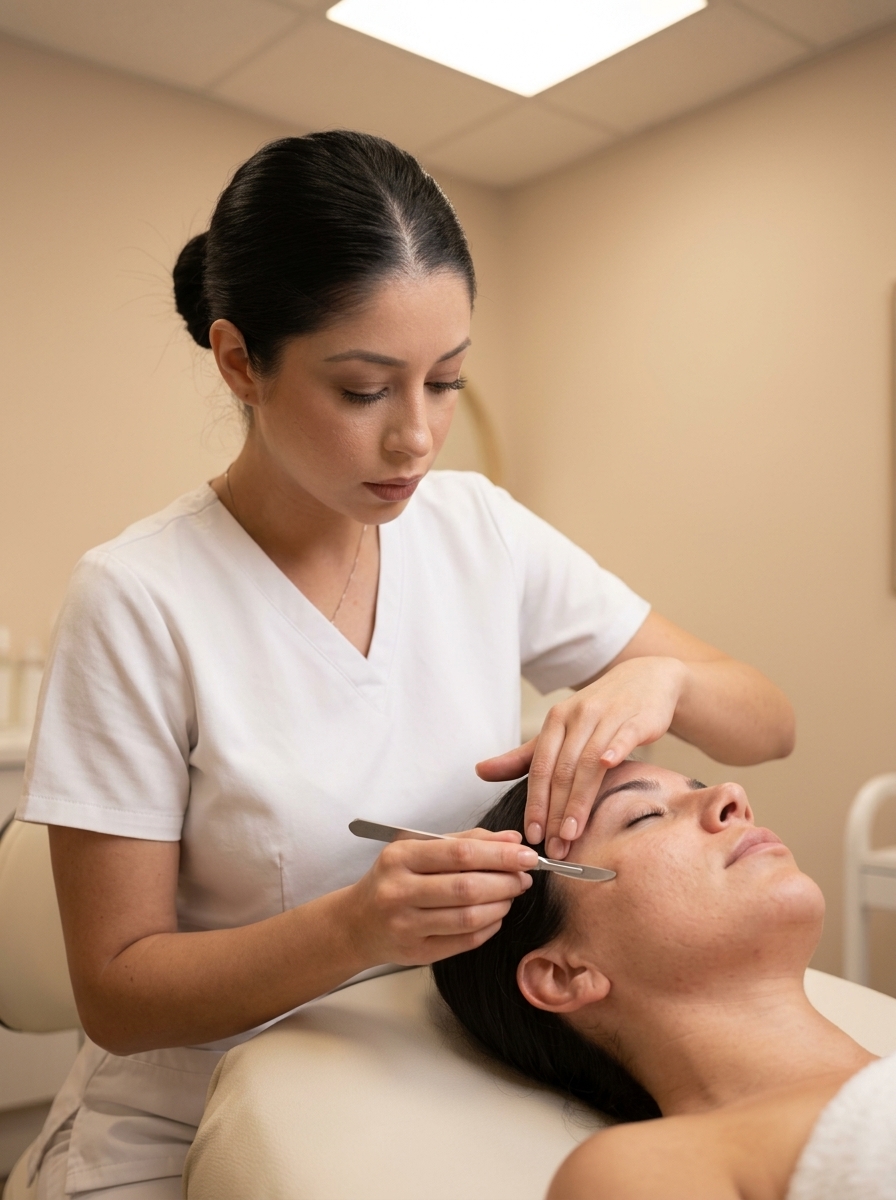 Licensed aesthetician performing dermaplaning at Desert Bloom Skincare Scottsdale