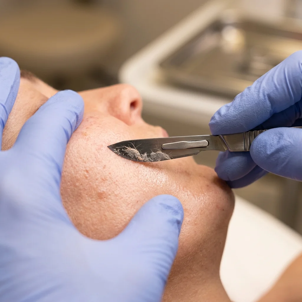 Dermaplaning procedure in Scottsdale — surgical scalpel removing dead skin cells