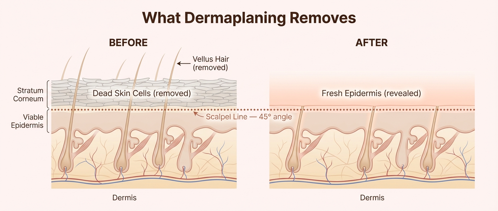 Dermaplaning skin cross-section — removing dead cells and vellus hair to reveal fresh epidermis