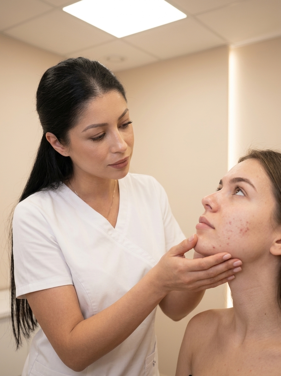 Licensed aesthetician assessing skin during acne consultation at Desert Bloom Skincare Scottsdale