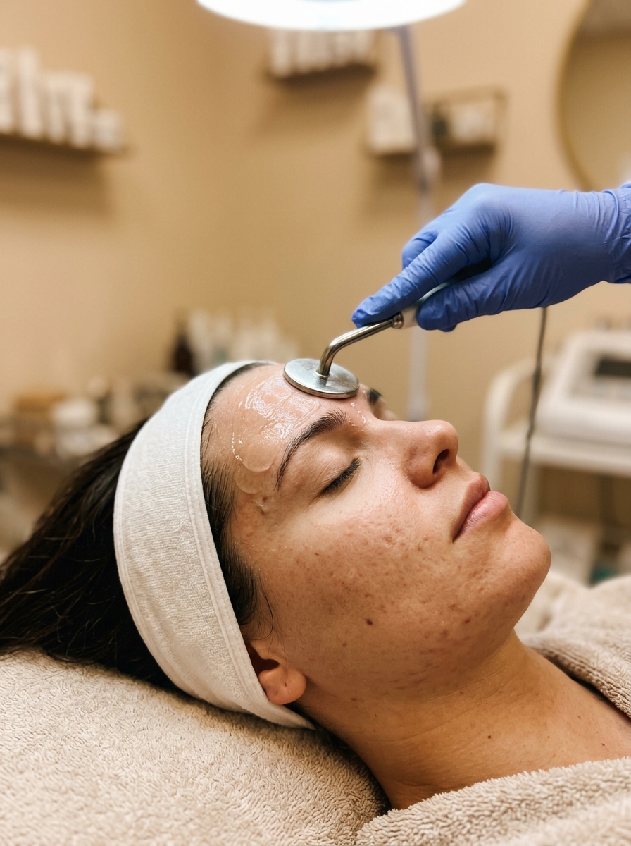 Galvanic desincrustation during detox acne facial — electrode softening clogged pores