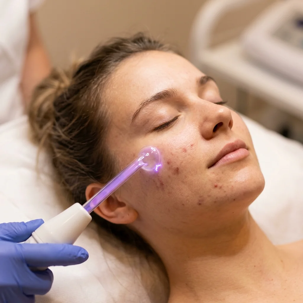 Detox acne treatment in Scottsdale — high-frequency electrode with violet glow on skin
