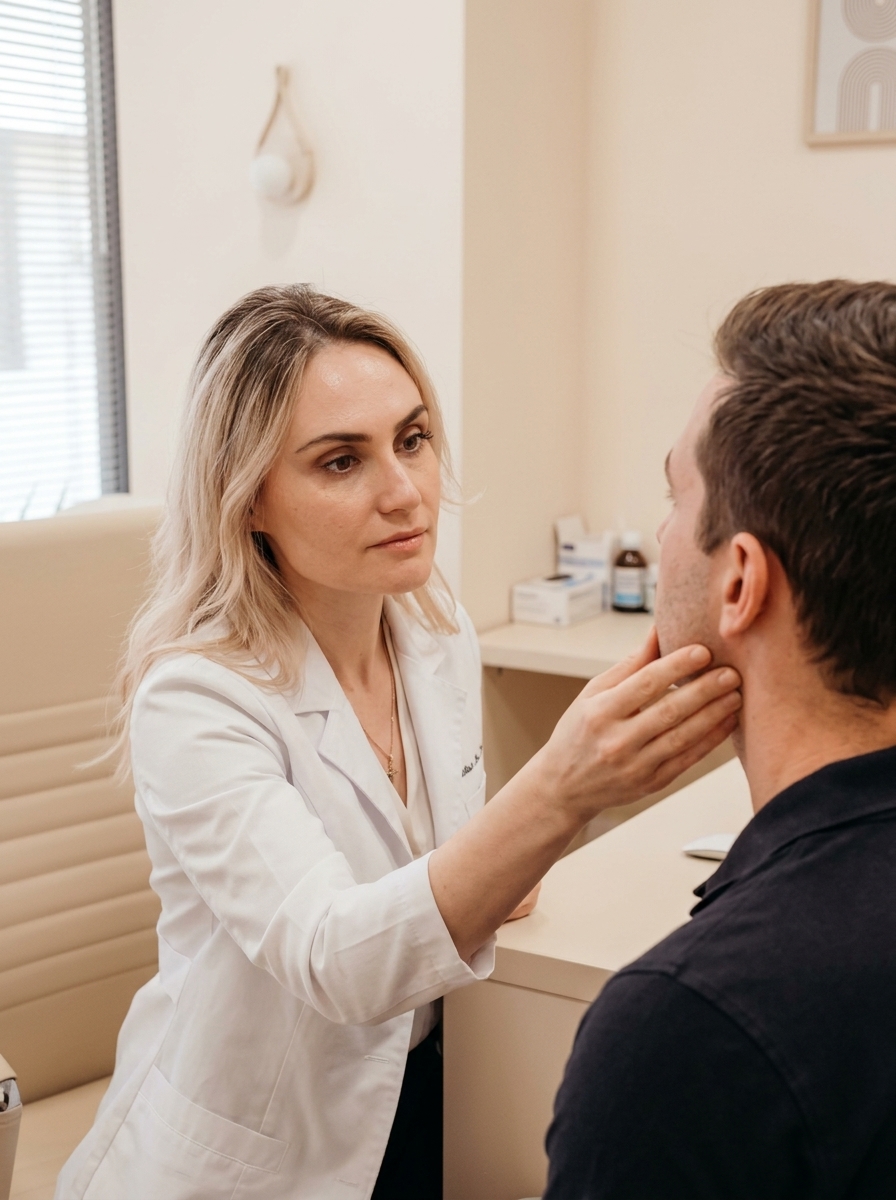 Dr. Borakowski assessing a male patient jawline during facial masculinization consultation