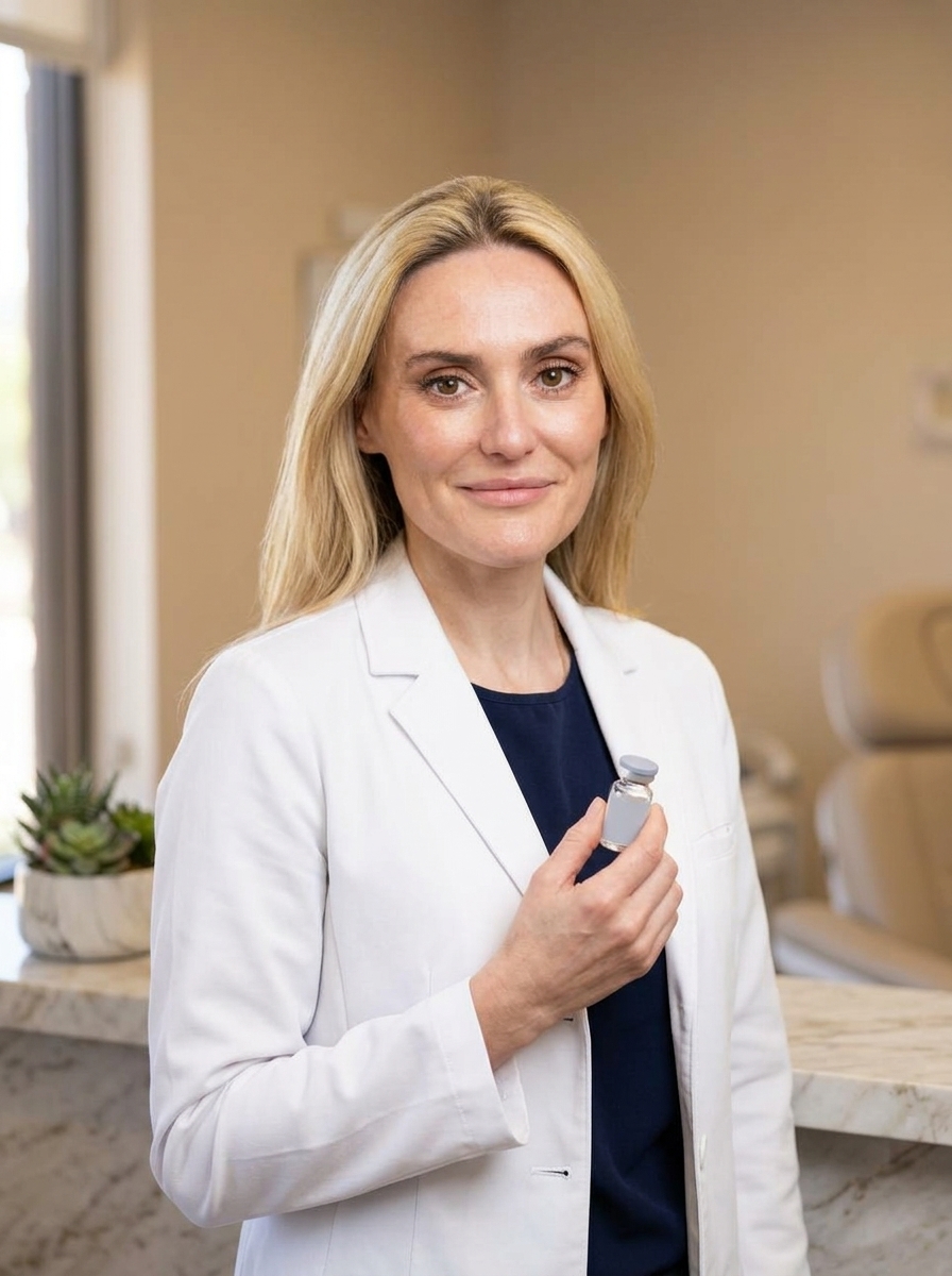 Dr. Natalya Borakowski holding a treatment vial in the Desert Bloom Skincare clinic in Scottsdale
