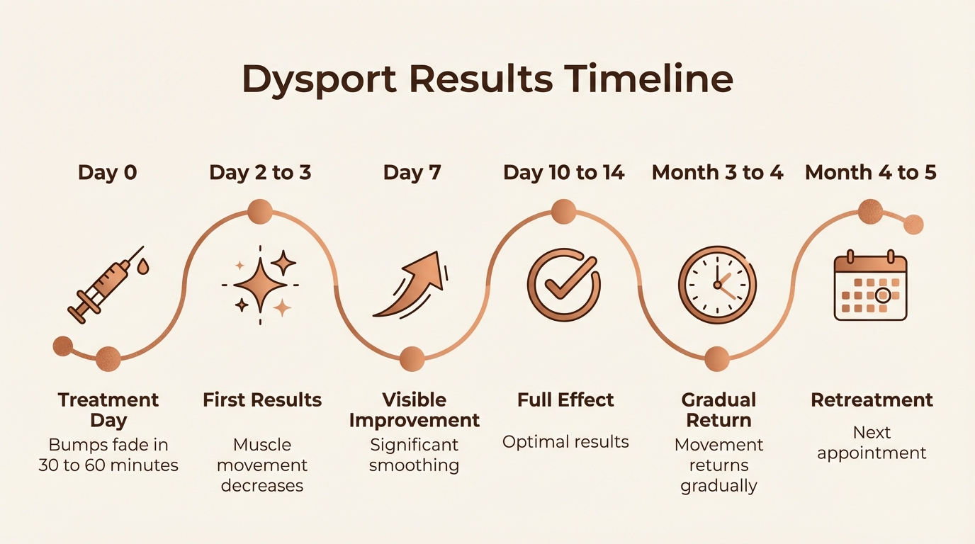 Dysport results timeline — day by day progression from treatment through full effect to retreatment