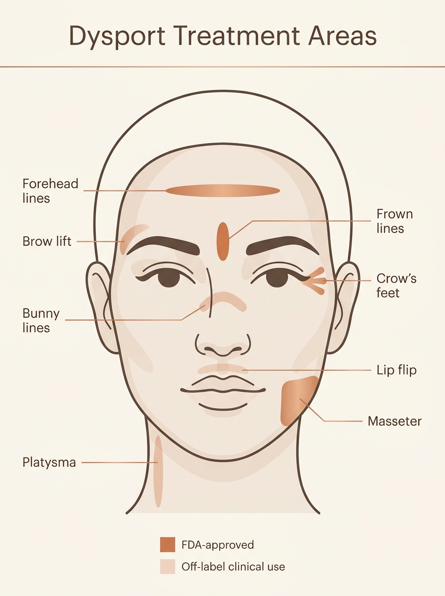Dysport treatment areas — face map showing FDA-approved and off-label injection zones