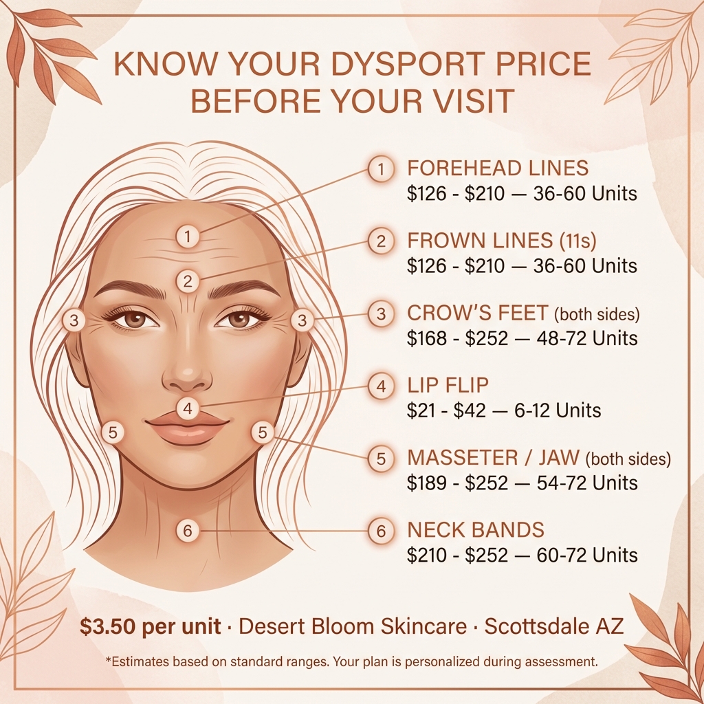 Dysport treatment zones and pricing infographic — forehead, frown, crow's feet, lip flip, masseter, neck bands with unit counts and cost estimates at Desert Bloom Skincare Scottsdale AZ