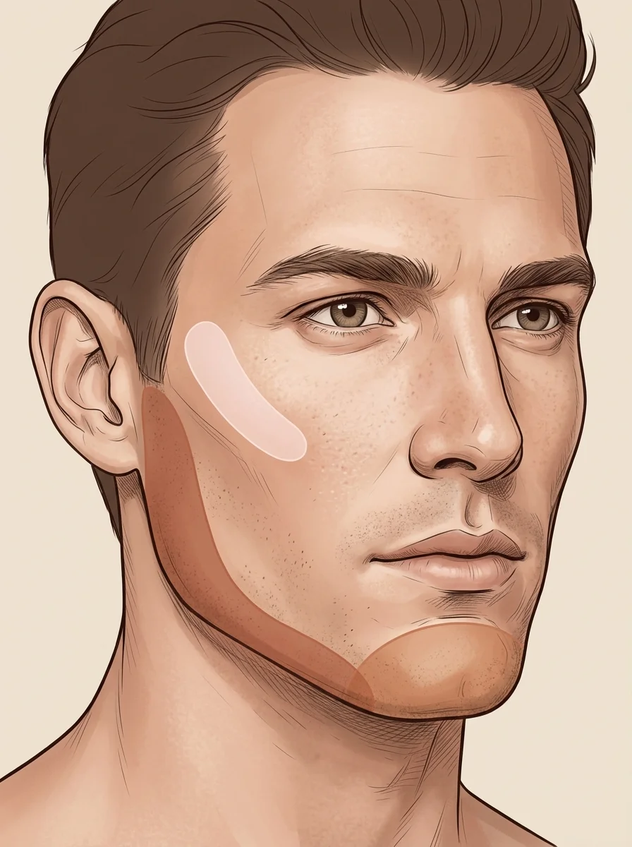 Non-surgical facial masculinization treatment areas — jawline chin and cheek filler zones