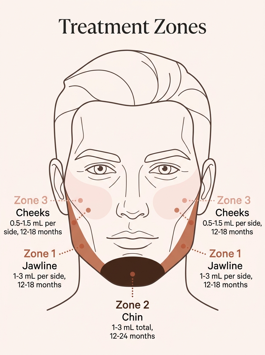 Facial masculinization filler injection map — jawline chin and cheek treatment zones