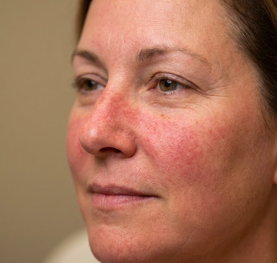 Facial redness and rosacea — visible broken capillaries on cheeks