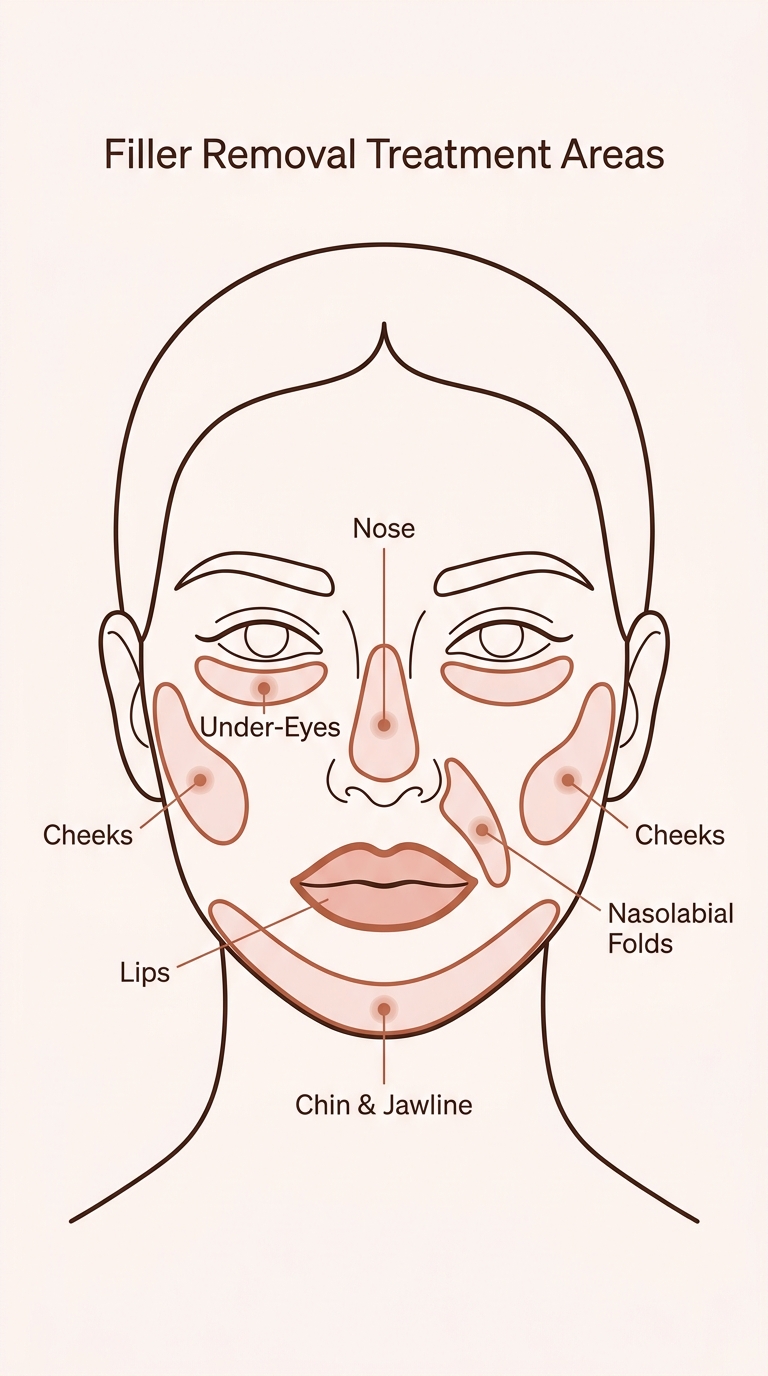Face map showing filler dissolving treatment areas