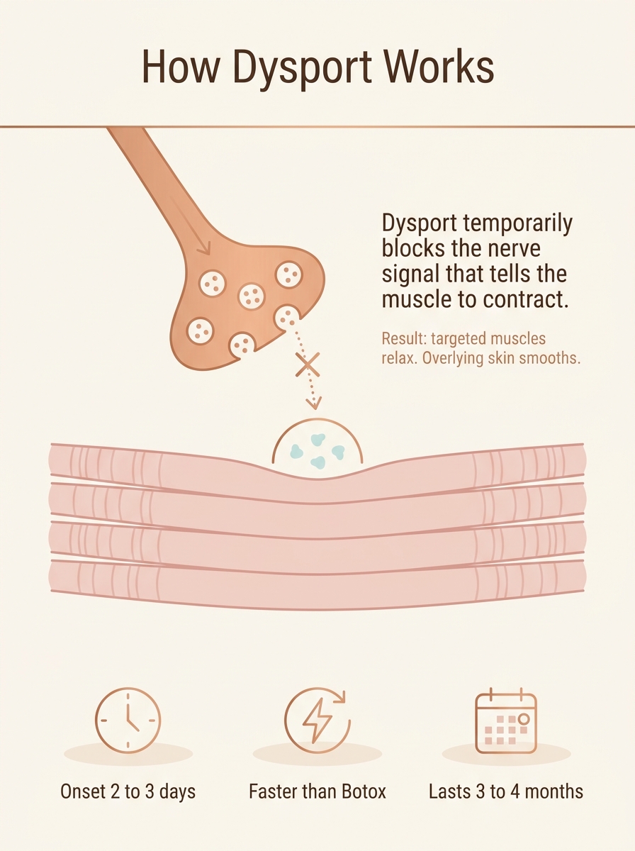 How Dysport works — illustration of botulinum toxin blocking nerve signal at the neuromuscular junction